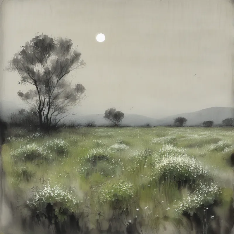 A dark tree stands in a field of white wildflowers under a pale sky with a bright moon above distant mountains.