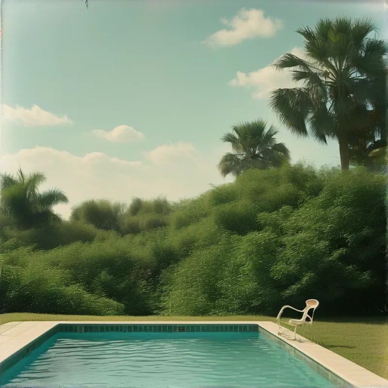A blue swimming pool sits next to a white chair while dense green bushes and palm trees rise against a partly cloudy sky.