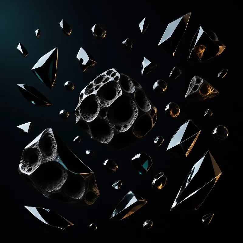 Faceted black gemstones and pitted spheres drift weightlessly through a dark void edged with warm golden reflections.