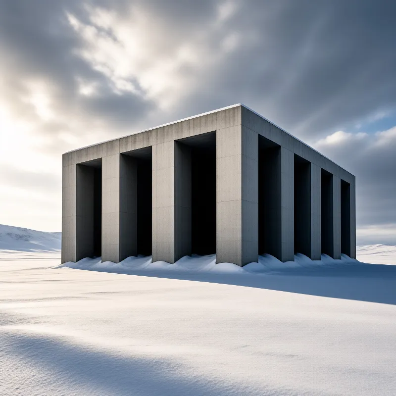 Recessed bays of board-formed concrete stand on a white plain, their dark openings set against drifting clouds.