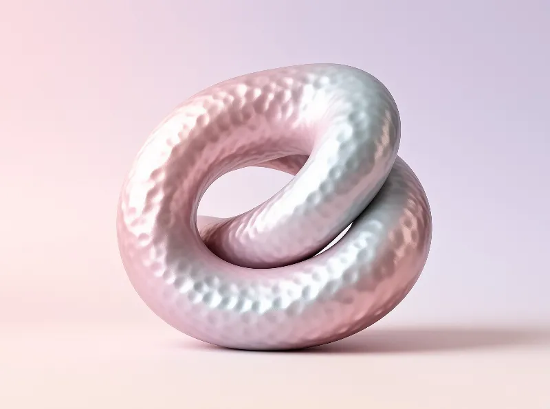 A dimpled satin loop twists into a soft pink and silver knot against a gentle pastel gradient