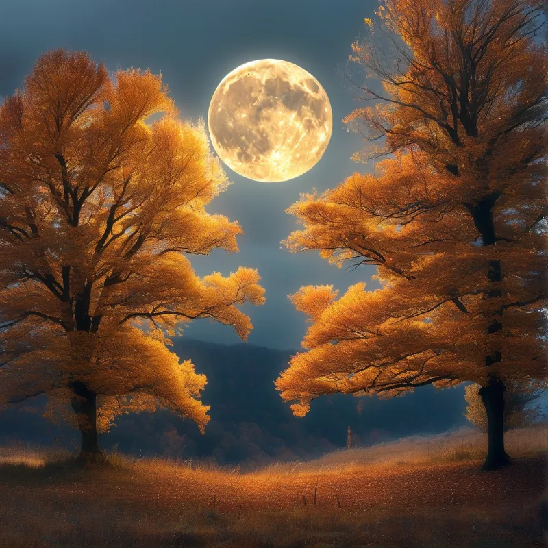 Moon Over Golden Autumn Trees