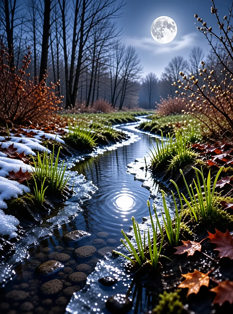 A winding stream reflects the bright full moon under a dark blue sky with patches of snow and green grass on the banks.
