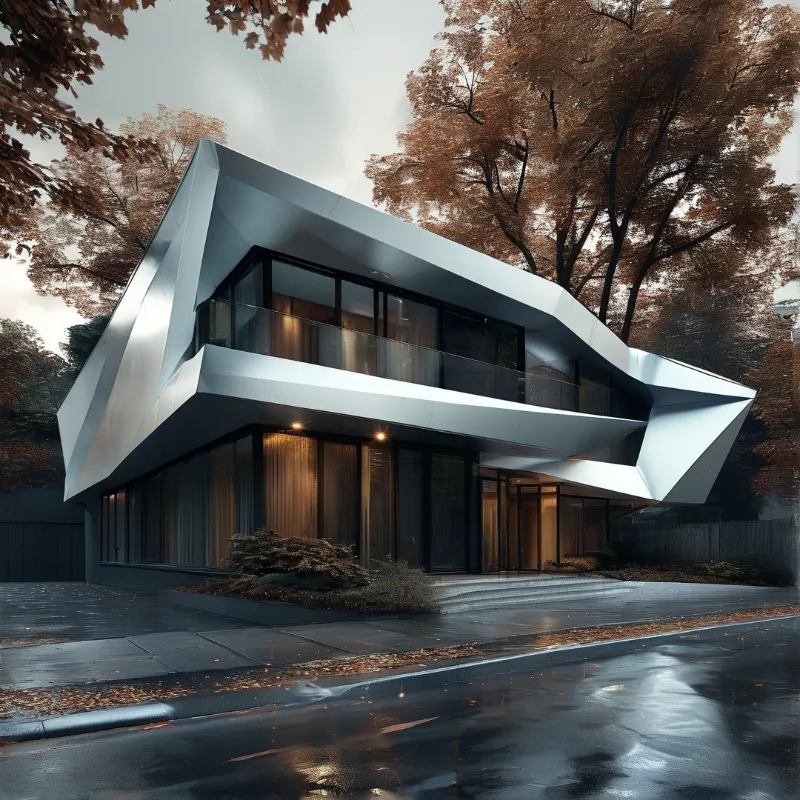 An angular white home emits warm light while surrounded by orange trees in the rain.