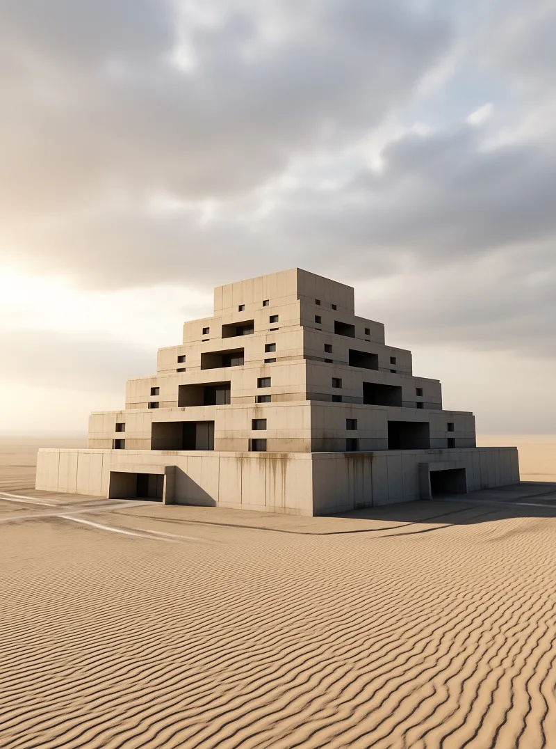 A monumental stepped ziggurat of pale concrete blocks stands alone across wind-rippled desert sand under a soft cloudy sky.
