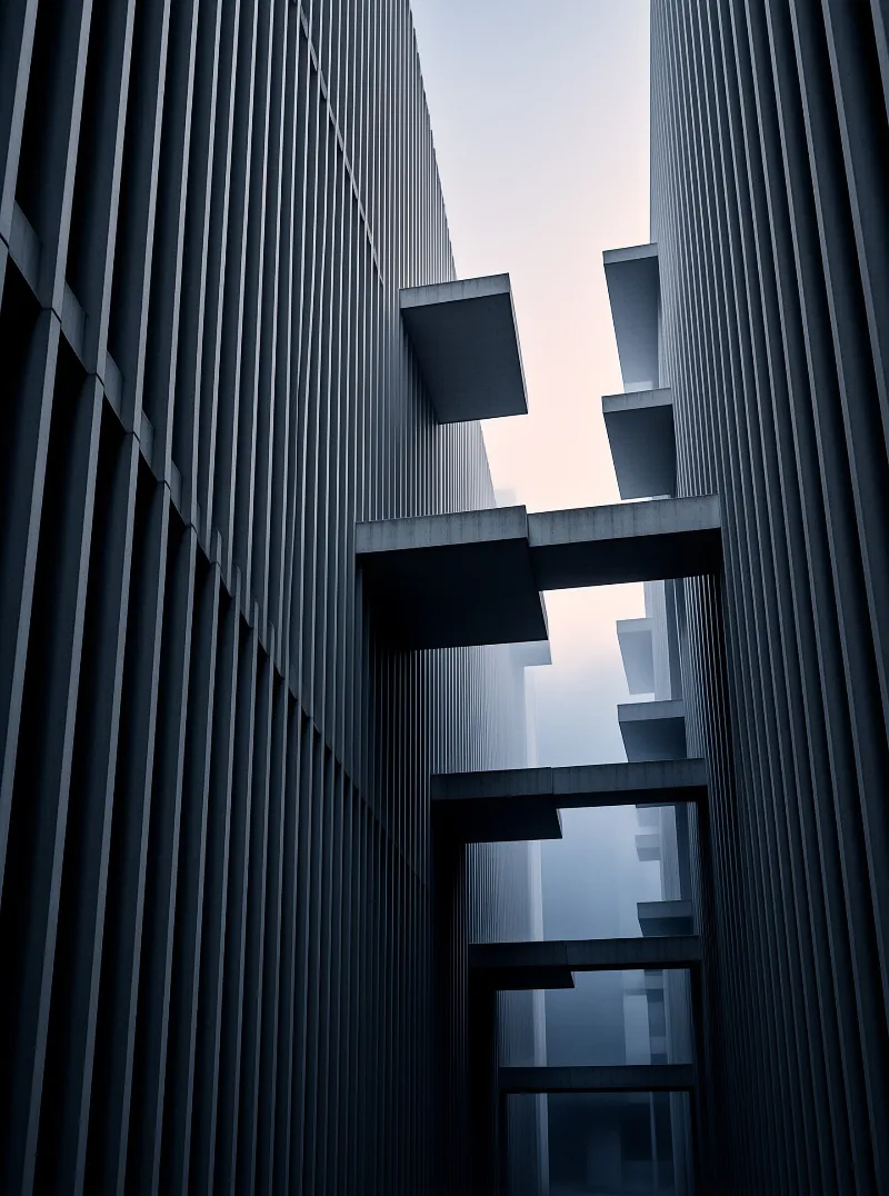 Two dark ribbed skyscrapers lean overhead as stacked concrete bridges span the narrow gap between them.