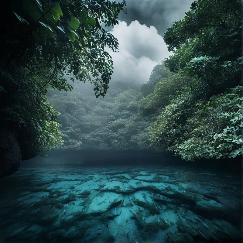 A clear shallow turquoise lagoon sits below drooping wet tropical leaves, with mist covered forested hills visible under an overcast sky.