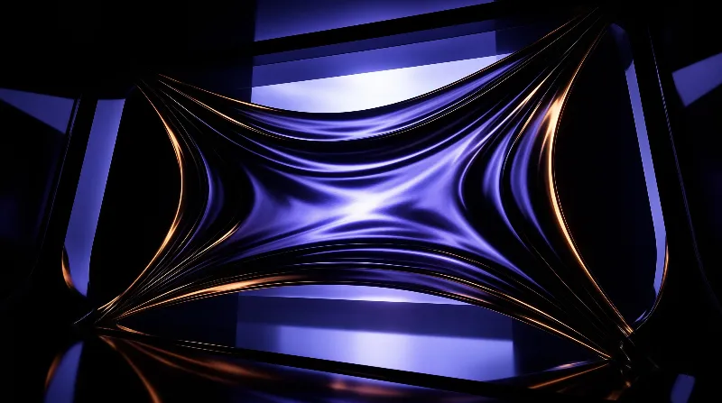 A stretched sheet of glossy purple metal sags between glowing copper strands against a dark backdrop.
