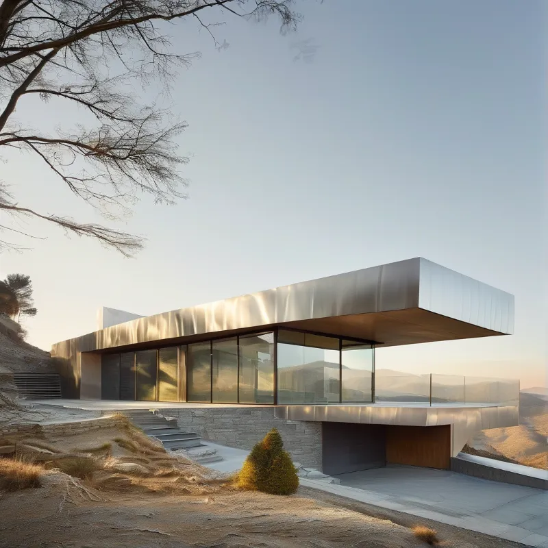 A residence featuring metallic cladding and large glass windows perched on a grassy slope bathed in warm evening light.