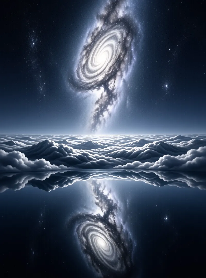 A luminous spiral galaxy floats above a thick layer of clouds reflected in still dark water.