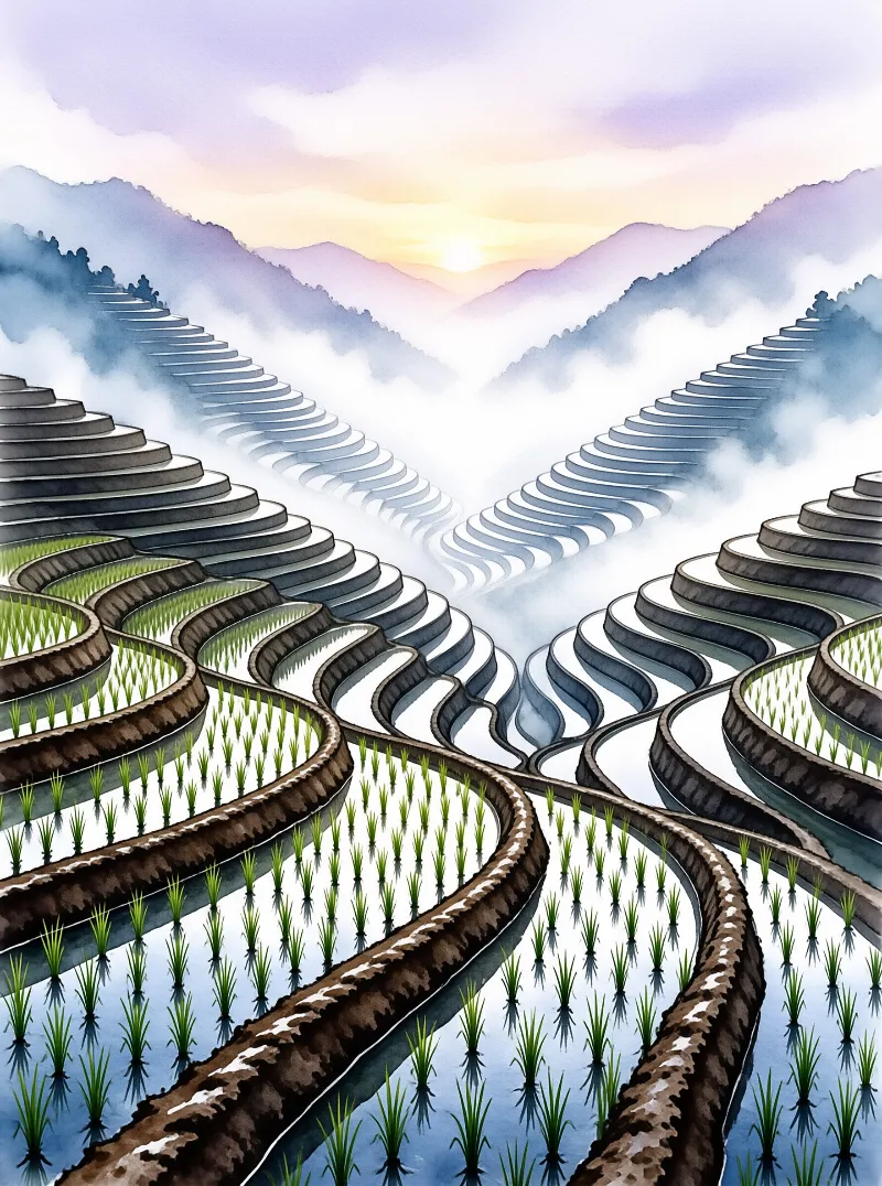 Layered fields of green crops wind through a misty valley while low clouds cover distant mountains beneath a horizon.