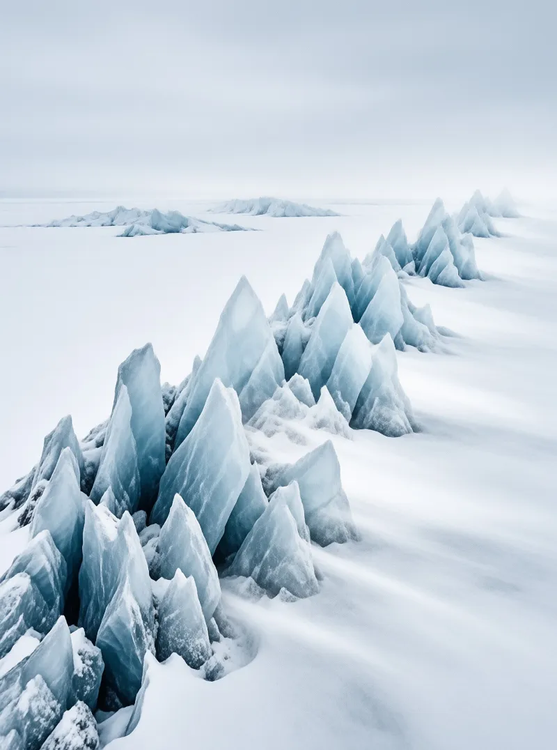 Sharp pale blue crystal structures emerge from a flat white snowy landscape under a grey overcast sky.