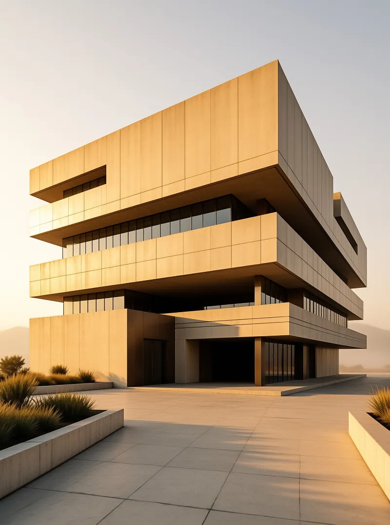 A minimalist building of cantilevered beige panels lit by low sun above an empty stone plaza.