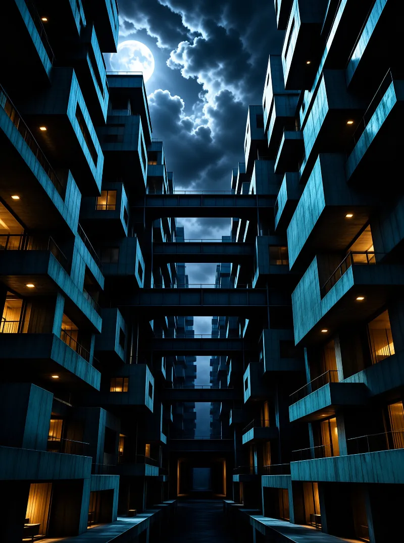 Geometric towers with warm windows rise beneath a cloudy night sky featuring a full moon and connecting bridges above.