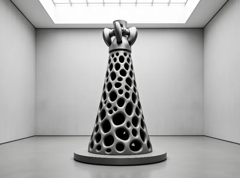 A metallic cone with bubble holes sits on a base in a white room with a skylight above.
