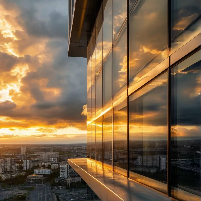 A glass skyscraper facade mirrors an intense golden sunset and dramatic clouds while overlooking a sprawling urban landscape with tall residential buildings.