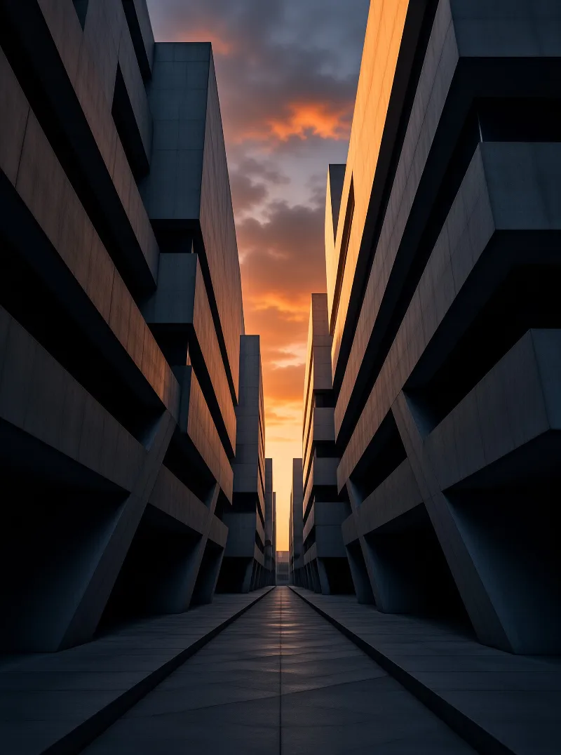 Tall angular concrete structures create a symmetrical pathway leading toward an orange sunset sky with scattered clouds.
