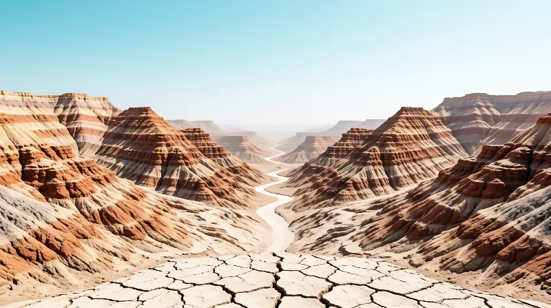 Striped sedimentary hills flank a curving waterway in a dry, sunlit badlands environment with cracked soil.