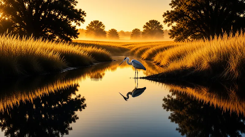 A solitary heron wades through a narrow stream bordered by tall golden grasses under a warm sunset sky.