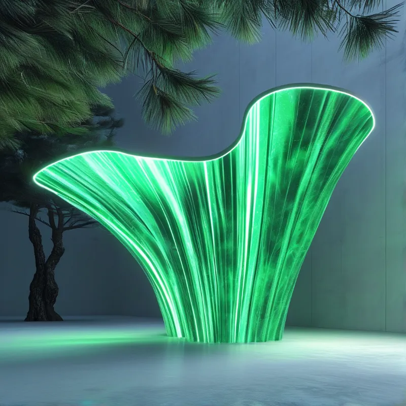 A glowing green fan-shaped sculpture stands in a concrete room with a pine tree in the background.