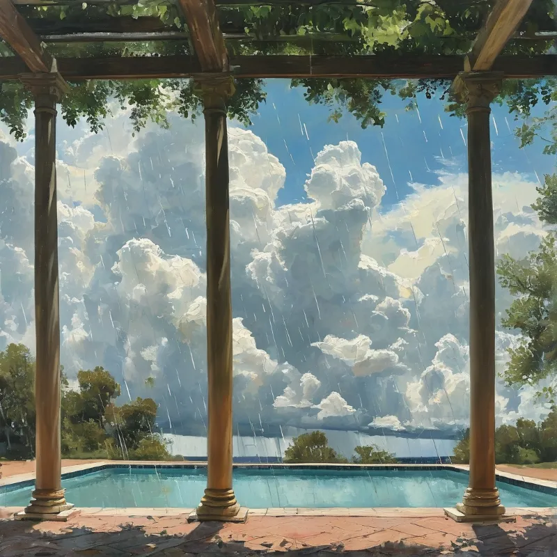 A wooden pergola frames a swimming pool while rain falls against towering white clouds.