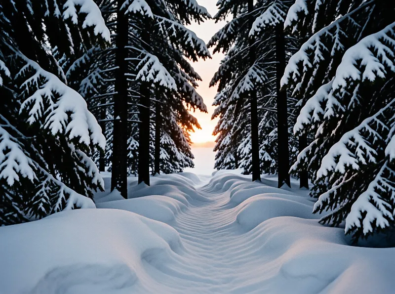 A winding snow ridge leads through dark evergreen trees towards a glowing orange sunrise in the distance.