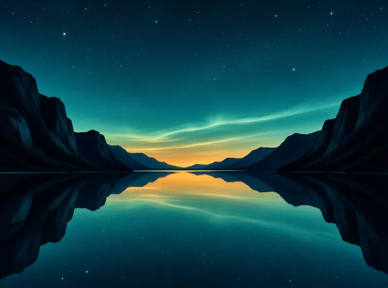 A calm lake mirrors a starry sky and glowing horizon between steep dark mountains during twilight hours.