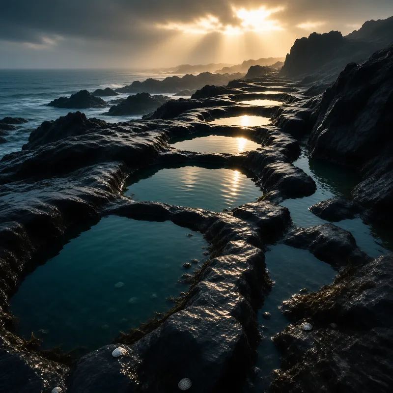 Wet dark rock tide pools line the shore holding golden sun reflections as sunbeams cut clouds over the sea and far cliffs