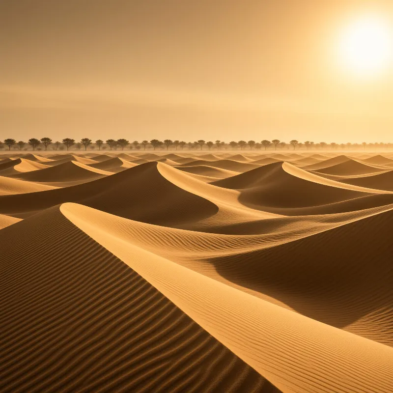 Wavy golden sand dunes stretch across a vast desert landscape beneath a bright sun and a distant treeline.