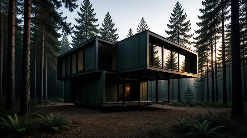 A dark cantilevered cabin sits among tall pines, warm lights glow inside as sunset light streams through trees in background.