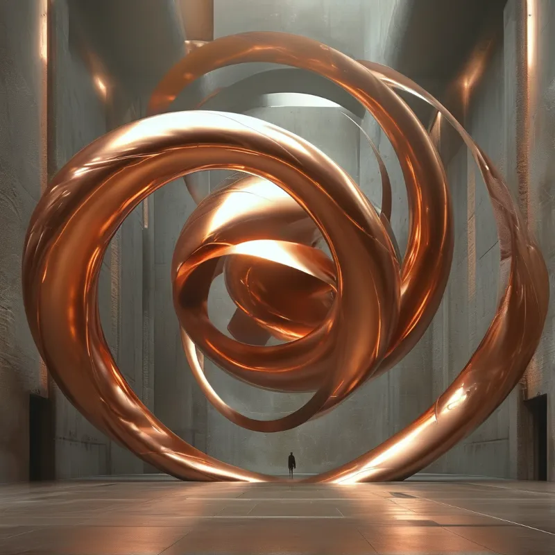 Glossy copper rings spiral inside a monumental concrete hall casting warm light on the floor.