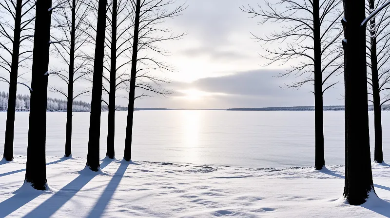 Tall dark trees stand in the foreground while a bright sun reflects off a vast frozen lake surface in the distance.