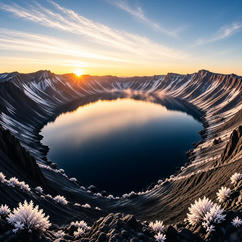 A vast snow-dusted volcanic crater encircles a calm lake as the sun sets brightly over the rugged distant rim.