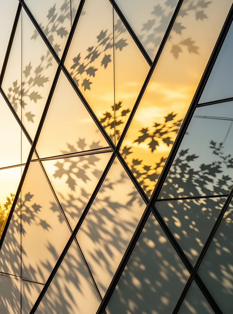 Dark maple leaf silhouettes are cast across a geometric glass facade glowing with warm golden sunset light.