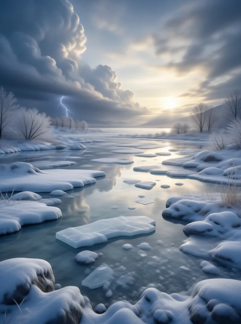 Winter Storm Over Frozen River