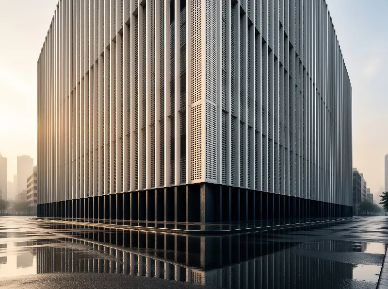 Vertical slatted architecture stands on rain-soaked ground mirroring its geometric form under warm sunlight