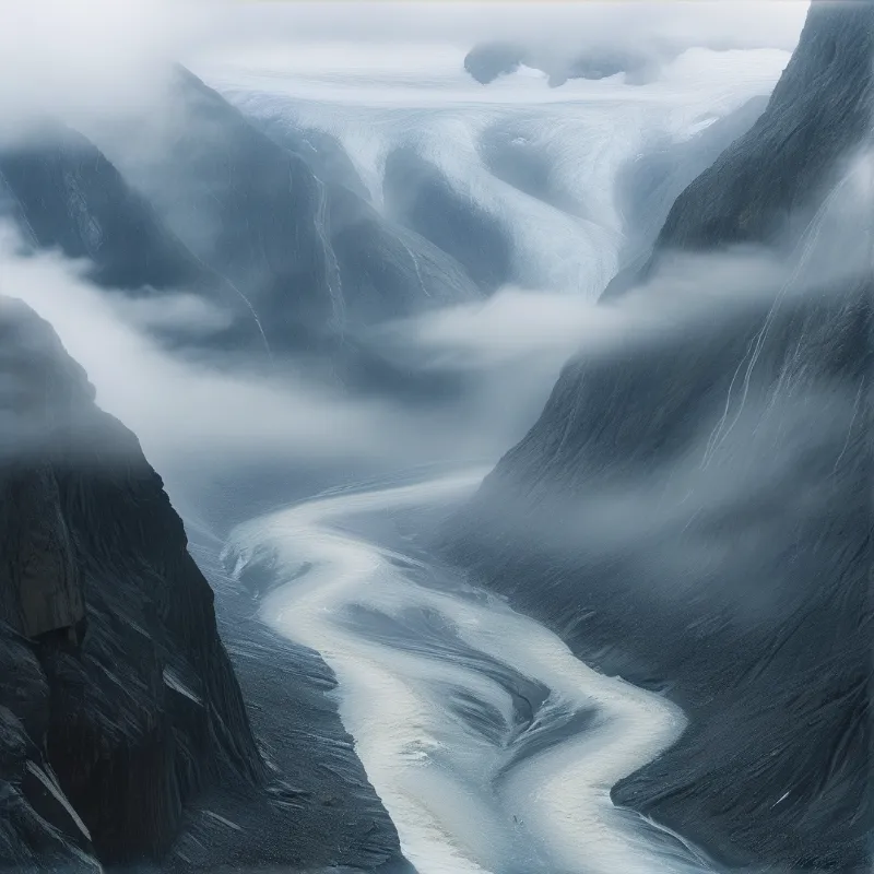 A massive ice river snakes between steep dark cliffs while low clouds obscure the upper peaks.