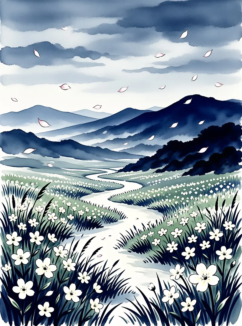 A white path winds through blue hills dotted with flowers towards dark mountains beneath a cloudy sky with falling petals.