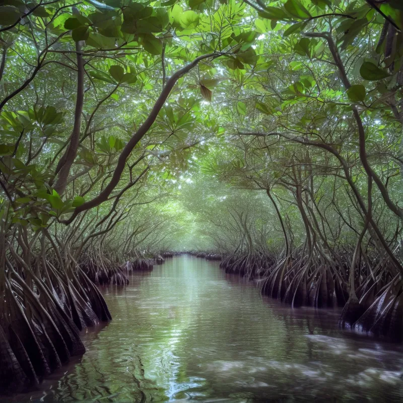 Curved interlocking mangrove roots border a narrow calm waterway, with dappled sunlit green canopy forming a natural tunnel overhead.