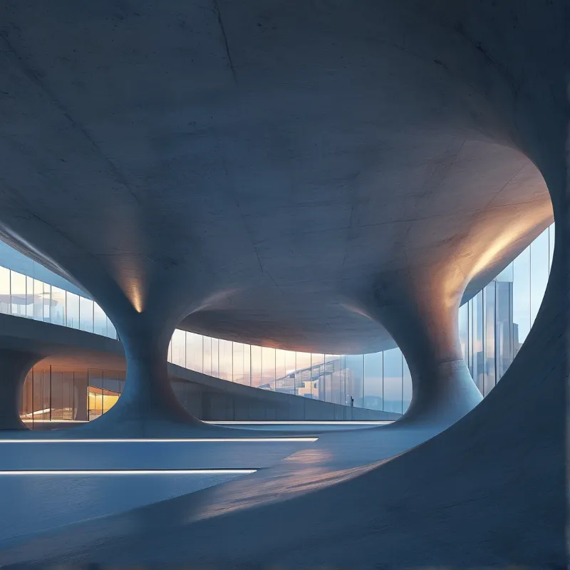 Fluid concrete canopies spread across a dusk lit hall as sunset glows beyond the glass walls.