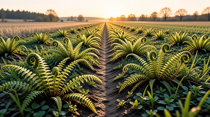Rows of ferns with curling fronds stretch across a field towards the horizon under warm morning sunlight.