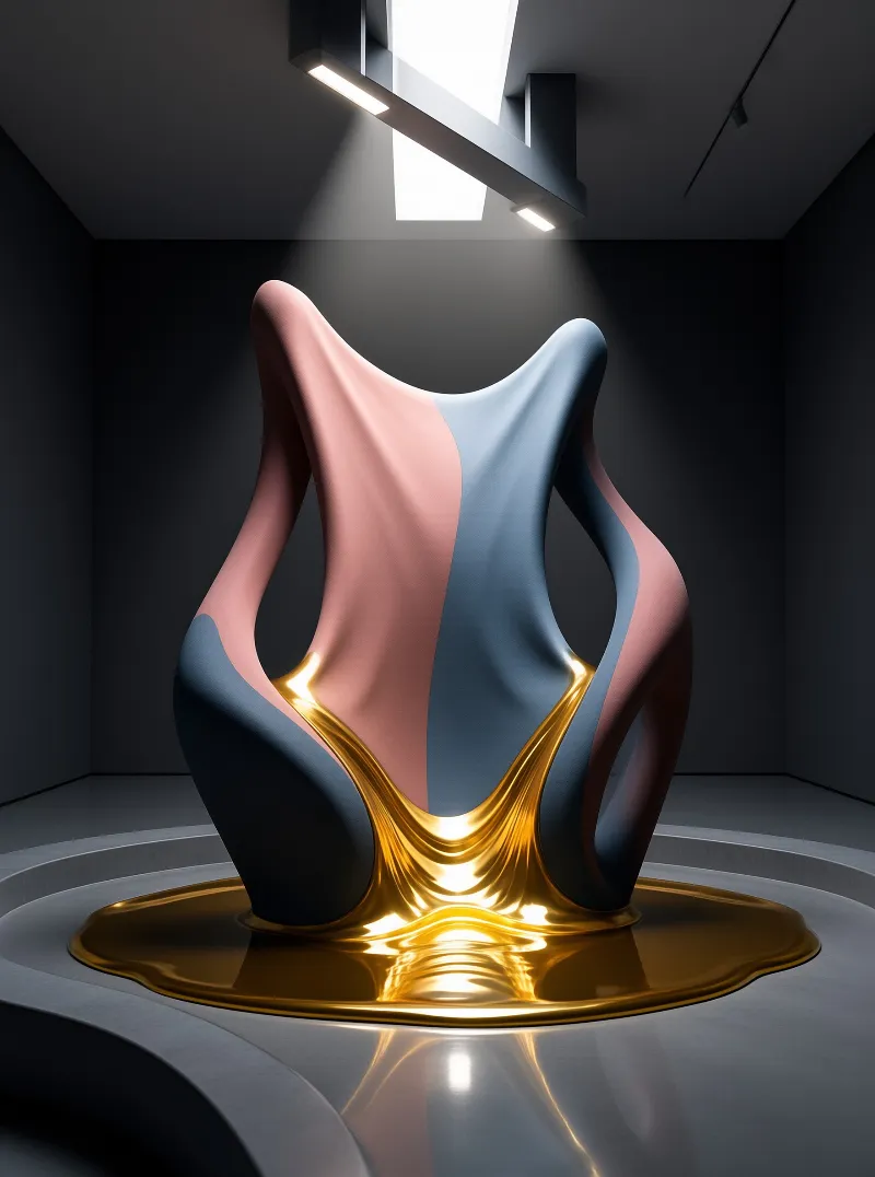Sculptural form with pink and blue curves and a gold base illuminated by overhead lighting in a dark gallery.
