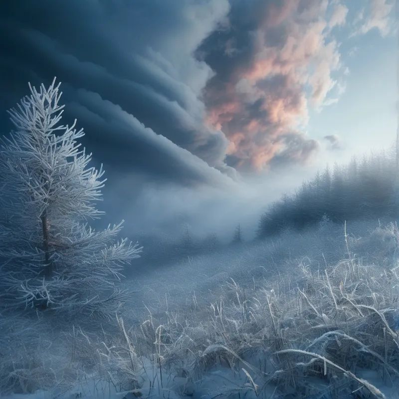 A lone pine coated in hoarfrost stands over a frozen meadow beneath a glowing cloud-filled dawn sky.