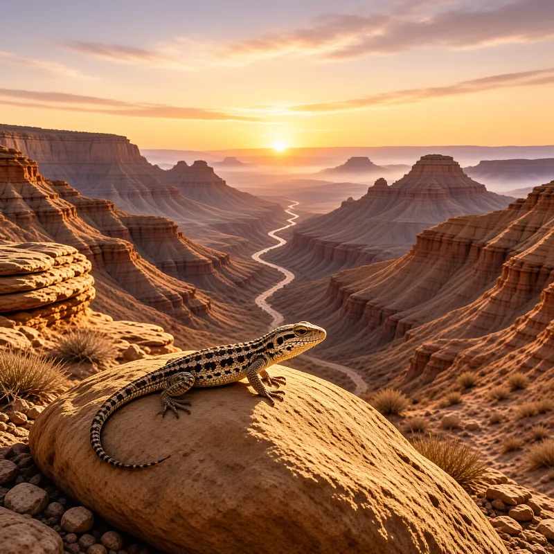 A spotted lizard rests on a smooth boulder overlooking a winding river through desert canyons during a golden sunset.