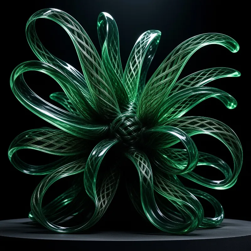 A twisted green sculpture resembling a flower sits on a dark platform with bright white highlights on its surface