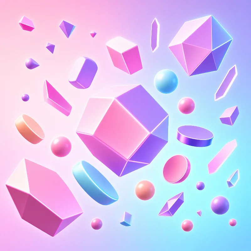 Geometric solids scatter across a dreamy background featuring pink purple and blue gradients with smooth surfaces.