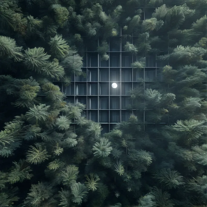 An empty concrete window grid is swallowed by dense green treetops with one glowing light inside.