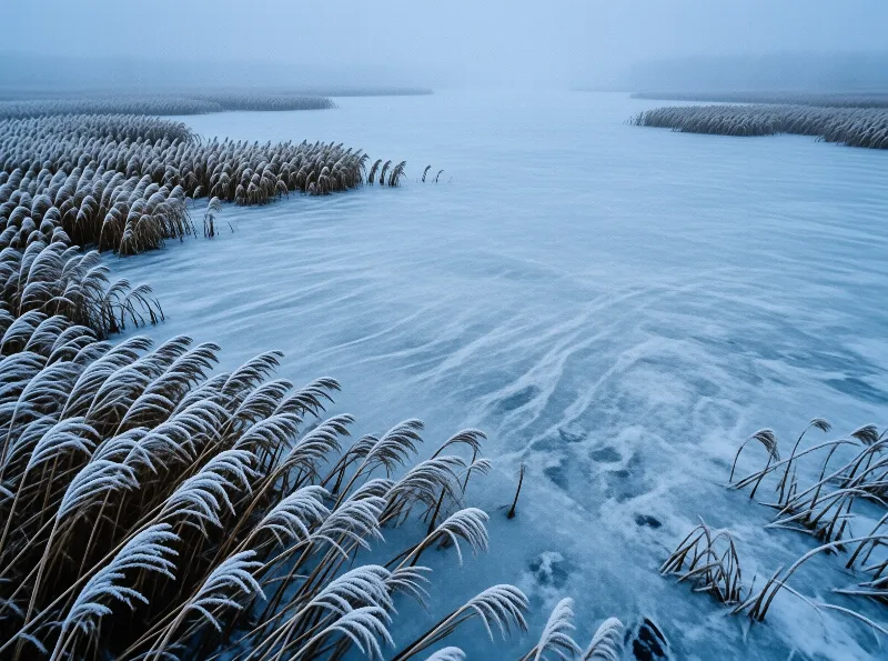 Tall grasses coated in white frost stand next to a swirling surface of frozen blue ice in the distance.