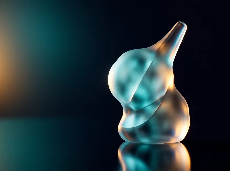 A curved frosted object rests on a reflective surface where warm light creates golden highlights against cool teal tones.