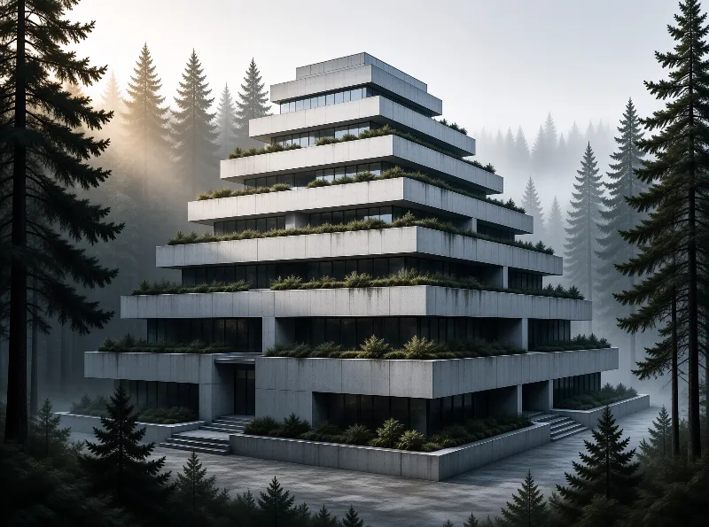 A tiered concrete building with planted balconies stands in a foggy forest with warm morning light from the left.